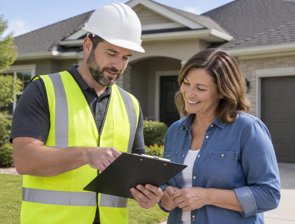 Acute Roofing contractor reviewing an estimate with a homeowner