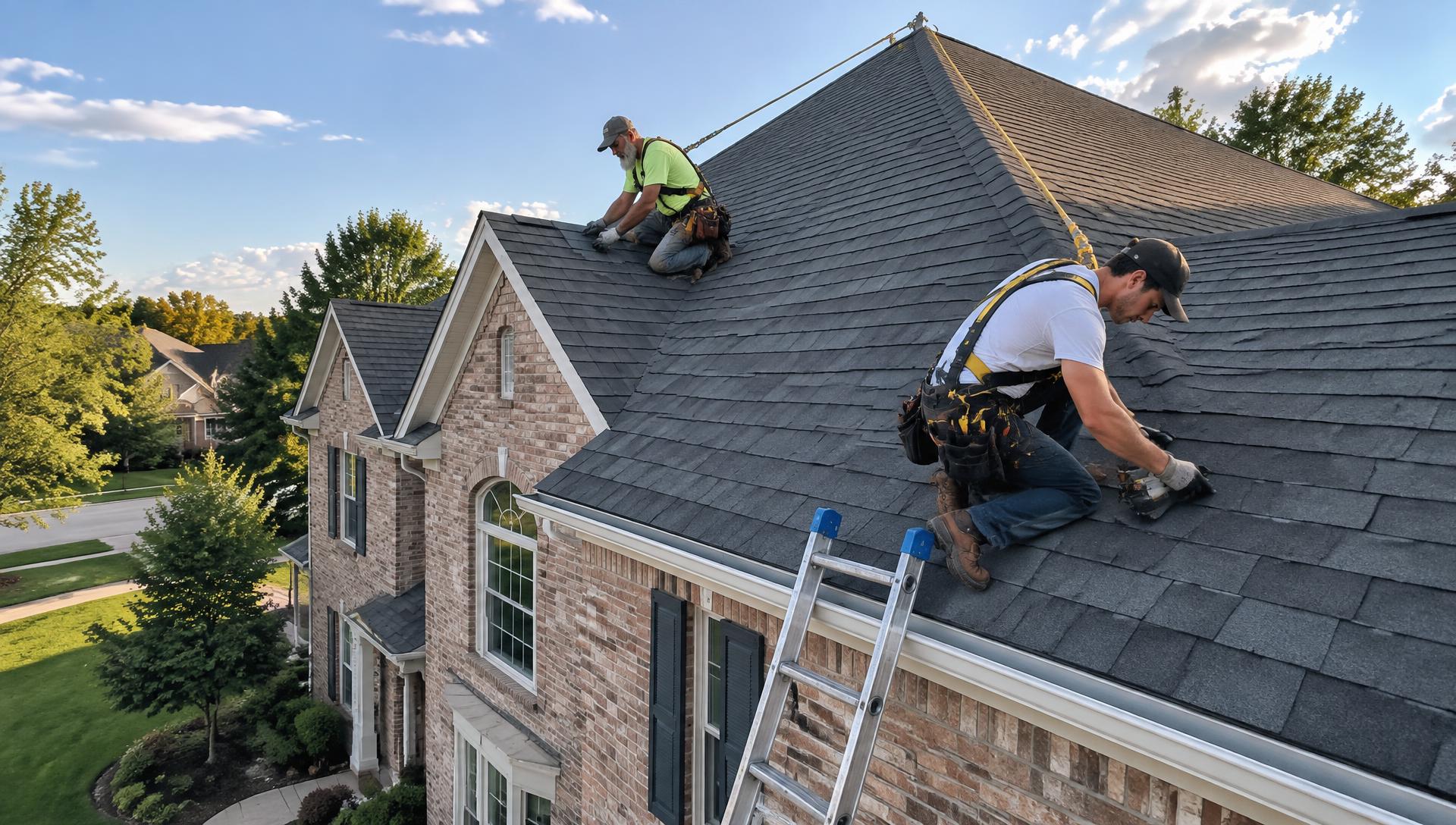Roofing crew installing shingles at golden hour