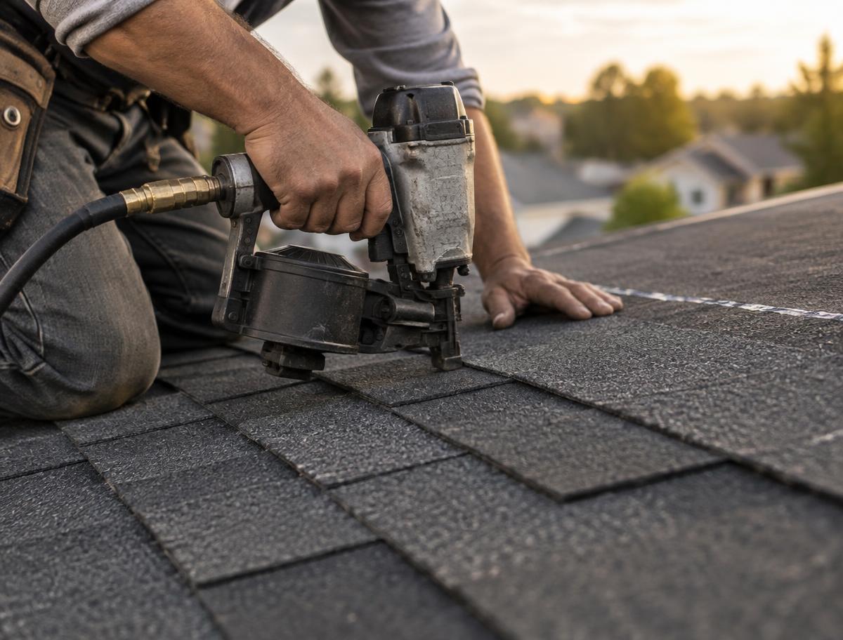 Close-up of shingles being nailed on a roof